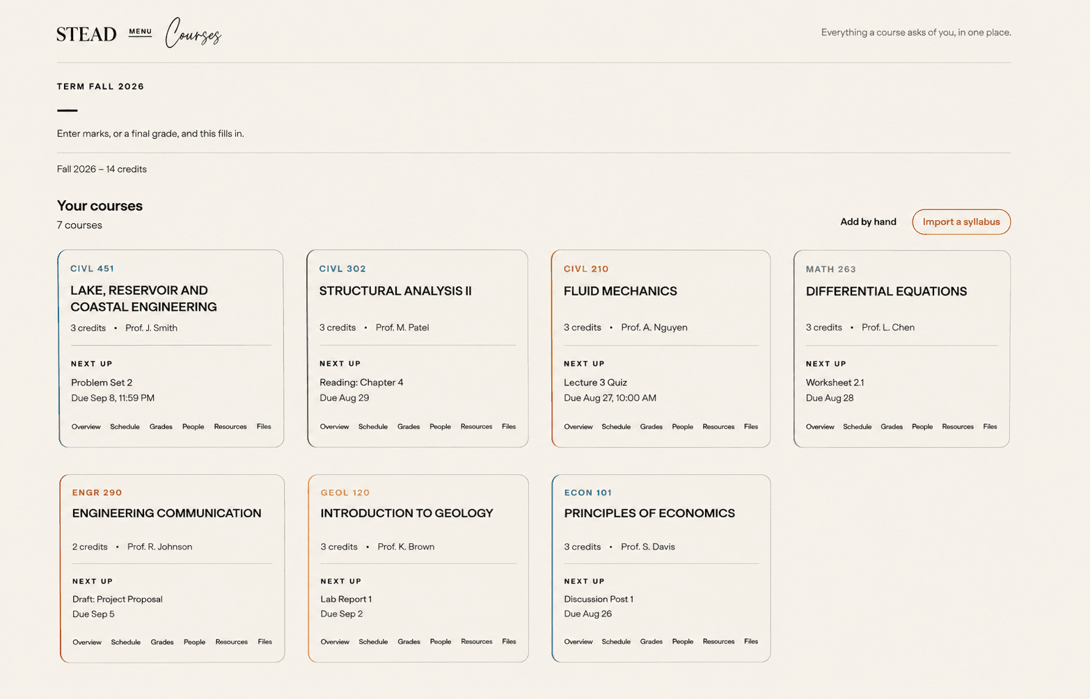 An illustration of the Stead courses page - every course for the term, with what's due next and links to its schedule, grades, people, resources and files.