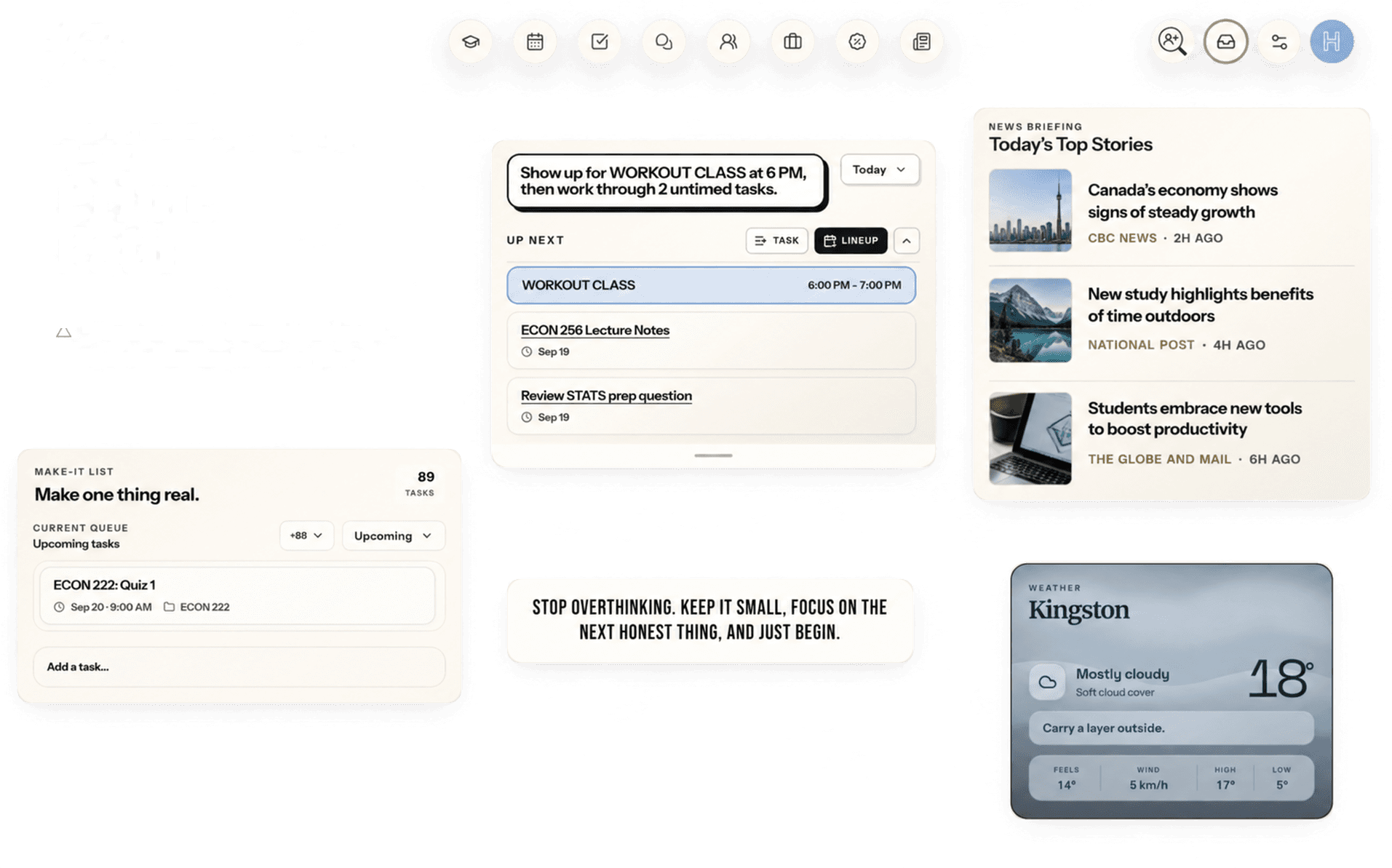 The Stead dashboard: the day's greeting, the month, what's next, today's tasks, a news briefing and the local weather in a single view.