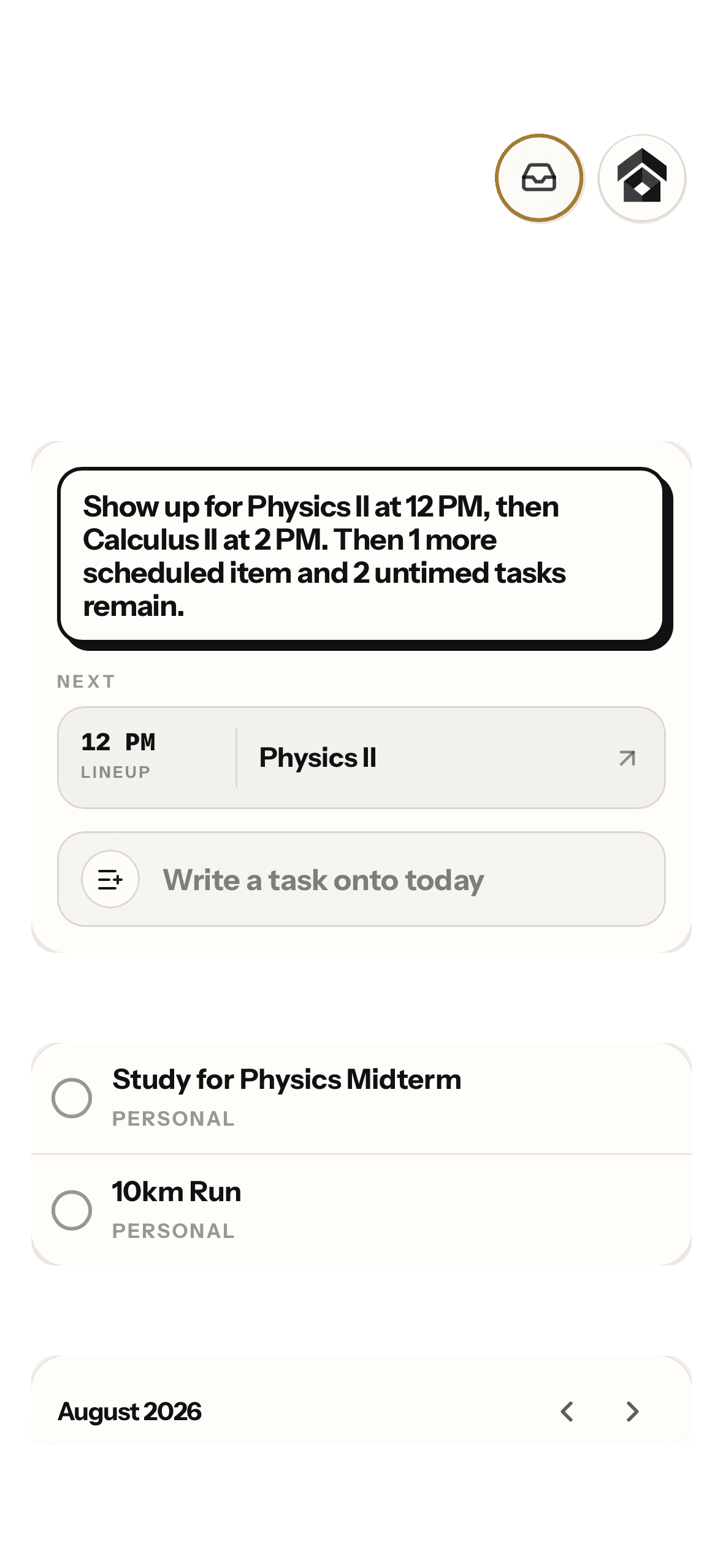 The Stead home screen on a phone: the morning greeting, a plain-language summary of the day, what is next, today's tasks and the month below them.